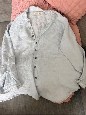 We The Free Pale Blue Crinkled Button-Down Shirt